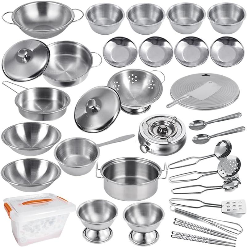 Classic Stainless Steel Kitchen Toys Cooking Utensils Set-Pretend Play Pots Pans Toy Cookware Kits for Kids Christmas, New year Gift