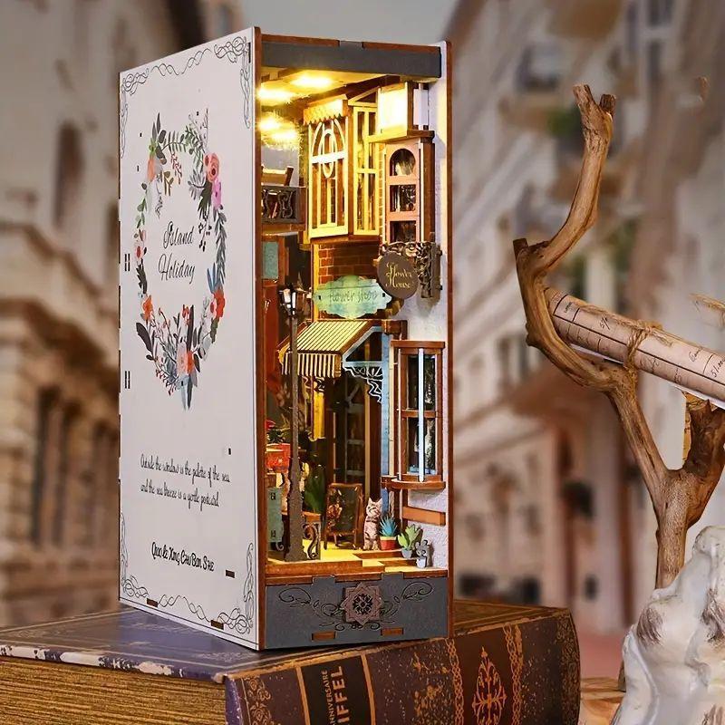 DIY Wooden Book Stand Kit, DIY Micro Toy House Kit, 3D Wooden Bookshelf Insert Decoration with Light Sensor, Stocking Fillers Gift