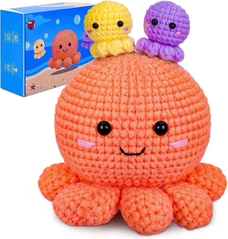 Crochet Kit for Beginners, Amigurumi Crocheting  Kits w Step-by-Step Video Tutorials, Knitting Starter Pack for Adults and ,  3 Nestable Octopus Familly (40%+ Yarn Content)