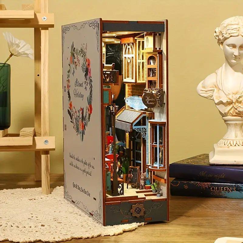 DIY Wooden Book Stand Kit, DIY Micro Toy House Kit, 3D Wooden Bookshelf Insert Decoration with Light Sensor, Stocking Fillers Gift