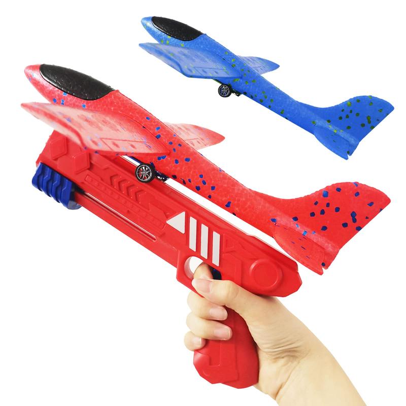 Boy Toys 2 Pack Airplane Launcher Toys, 2 Flight Modes Outdoor Throwing Foam Glider with Catapult Plane Gun Birthday Gift for 6+ Years Old Kid