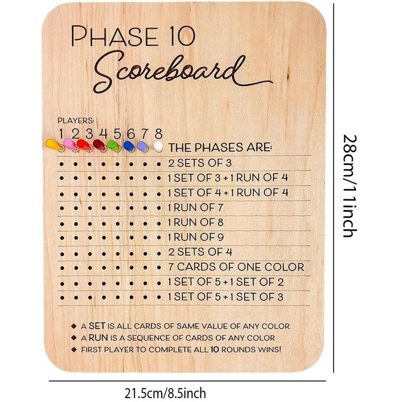 Wooden Phase 10 Score Board, 1 Count Wooden Phase Scoreboard with 8 Colored Pegs, Fun Table Board Card Game Accessories for Party Family Game Night