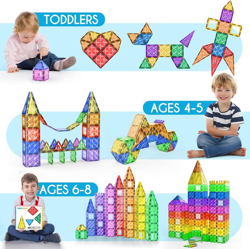 MikiBlue Magnetic Building Tiles Set for Kids, 60 PCS Magnetic Blocks Shapes Toys Colorful Clear 3D Magnetic for Boys and Girls Enhance Creativity & Learning