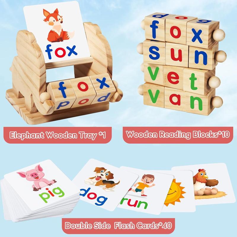 Christmas gift Montessori Learning Toys for Kids Ages 3-5: Wooden Reading Blocks and Rotating Flash Card Games Christmas gift