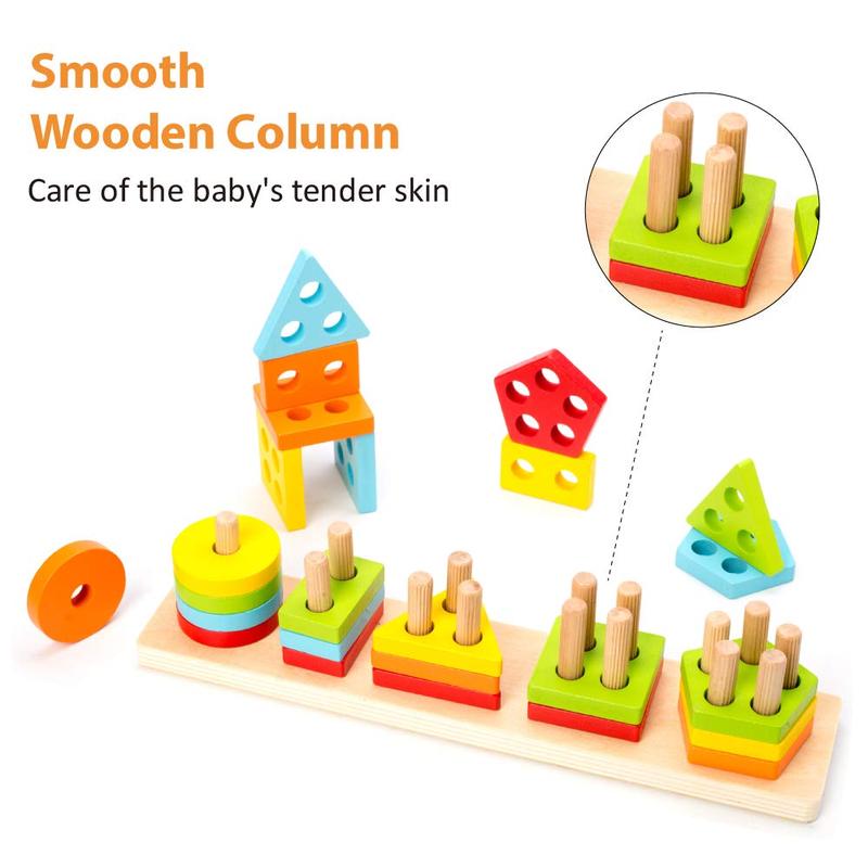 Wooden Sorting & Stacking Toy, Shape Sorter Toys for Toddlers, Montessori Color Recognition Stacker, Early Educational Block Puzzles for Kids Boys and Girls (5 Shapes)