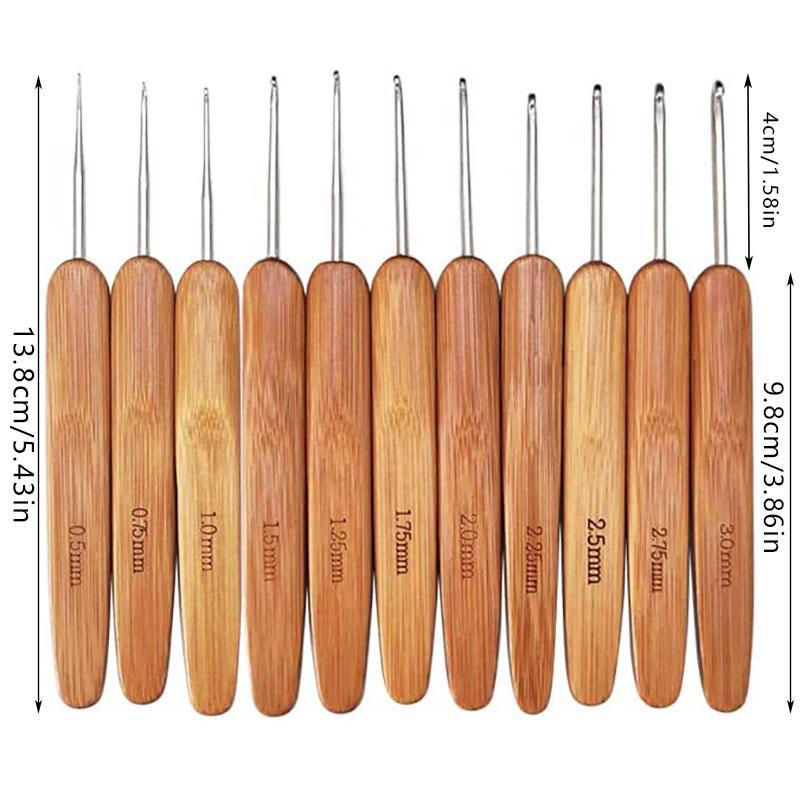 11pcs set Crochet Hooks Ergonomic Crochet Needles, Bamboo Wooden Handle Small Size Crochet Hook (0.5-3.0 Mm) Knit Weave Yarn Craft Diy Sewing Tools For Fine Work, Thin Yarn And Lace Knitting