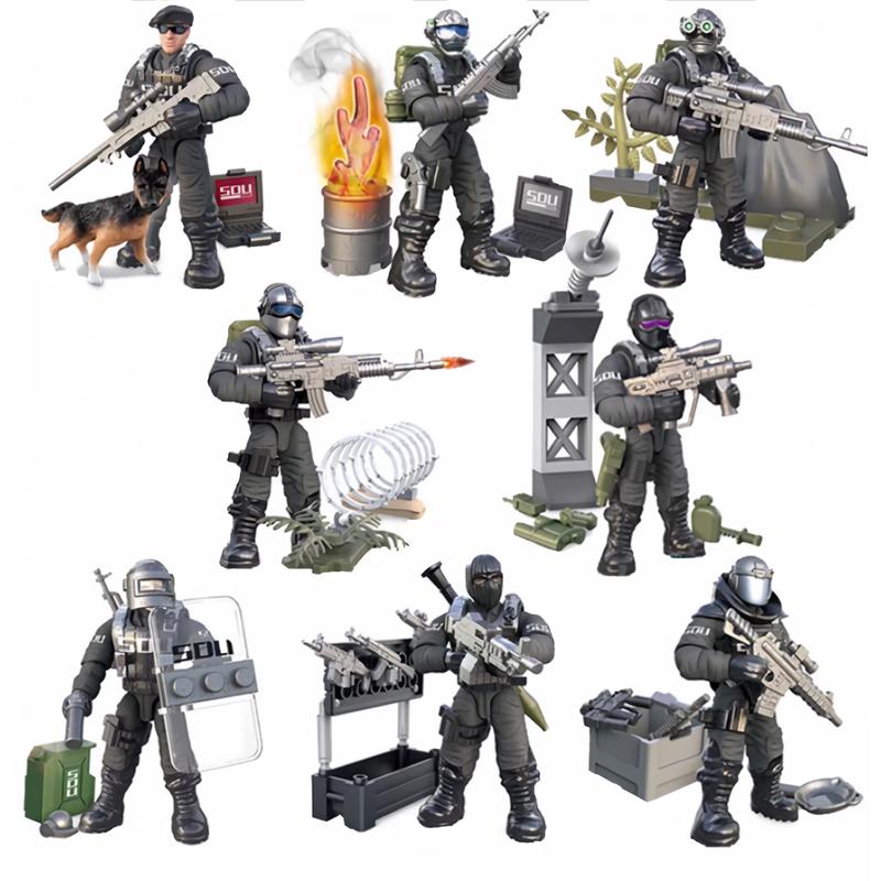 8 pcs Special Forces Mini Action Figure with Military Weapons and Accessories each measures about 2