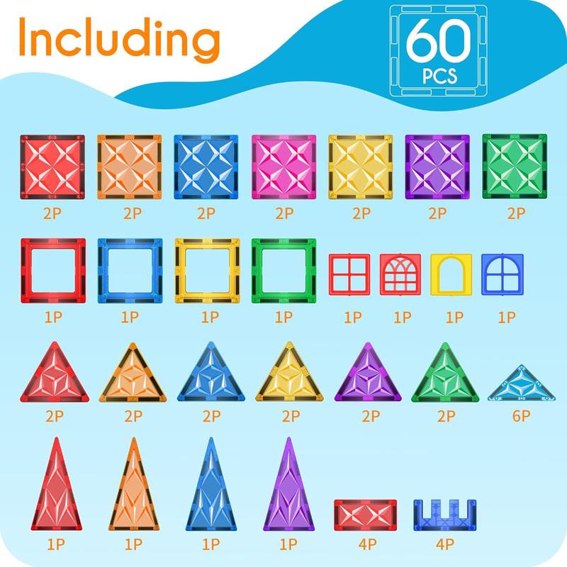 MikiBlue Magnetic Building Tiles Set for Kids, 60 PCS Magnetic Blocks Shapes Toys Colorful Clear 3D Magnetic for Boys and Girls Enhance Creativity & Learning