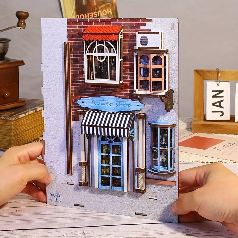 DIY Wooden Book Stand Kit, DIY Micro Toy House Kit, 3D Wooden Bookshelf Insert Decoration with Light Sensor, Stocking Fillers Gift