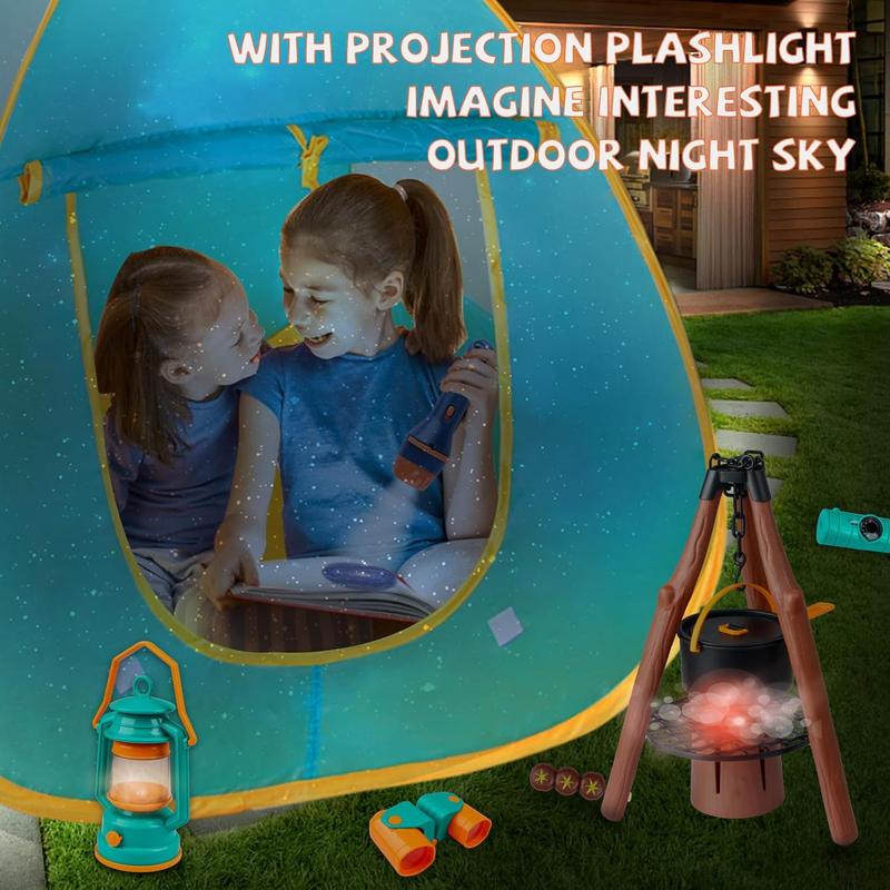 Christmas gift 50pcs Kids Camping Set with Tent & Space Projector Flashlight – Outdoor Campfire Toy Set for Toddlers – Pretend Play Camp Gear