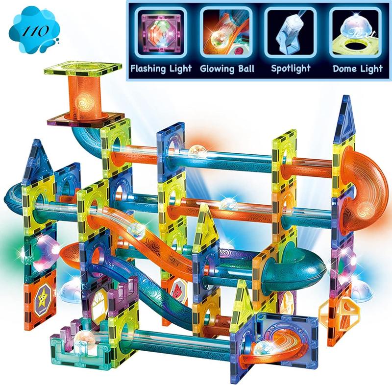 Building toys, glow-in-the-dark magnetic tiles marble run super set - 48-134 complete pieces STEM light-up magnetic blocks - 3-inch tiles are perfect for parent-child interaction building toy building set building brick magnet  blocks