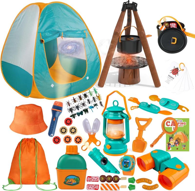 Christmas gift 50pcs Kids Camping Set with Tent & Space Projector Flashlight – Outdoor Campfire Toy Set for Toddlers – Pretend Play Camp Gear