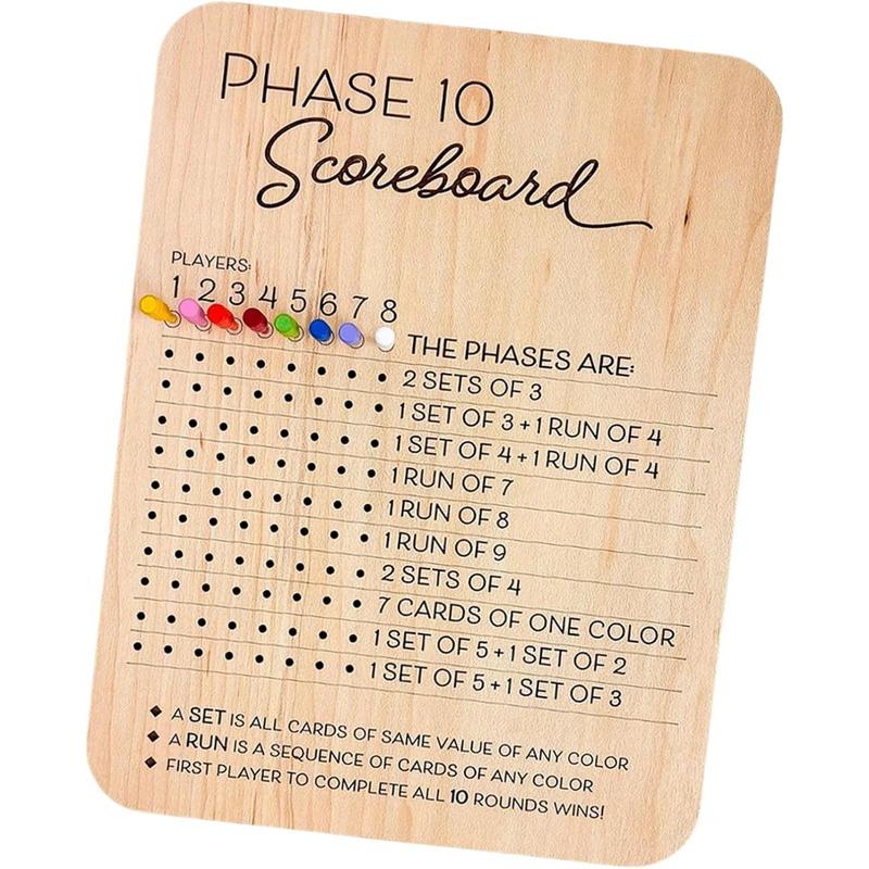 Wooden Phase 10 Score Board, 1 Count Wooden Phase Scoreboard with 8 Colored Pegs, Fun Table Board Card Game Accessories for Party Family Game Night