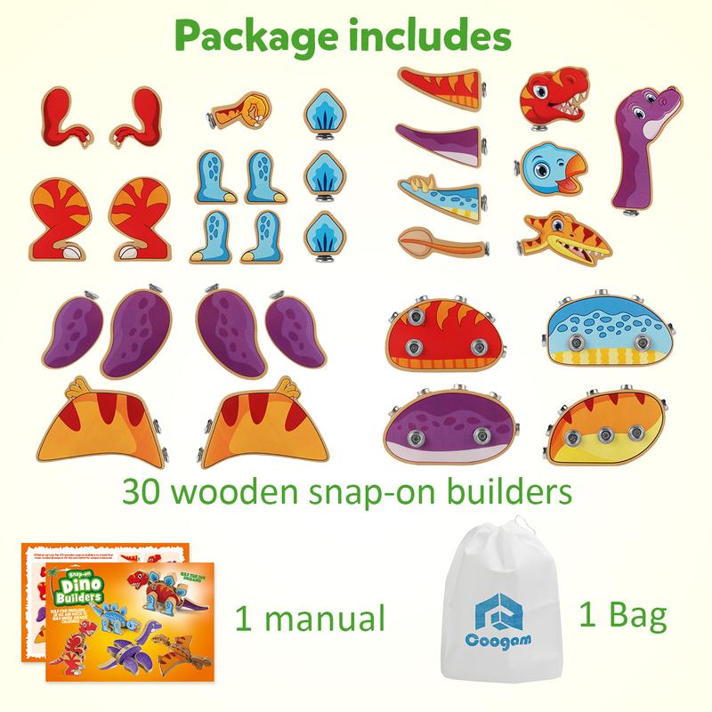 Wooden Snap-on Dinosaur Builders, Educational Dinosaur Building Block Set Toy Gift for Kids