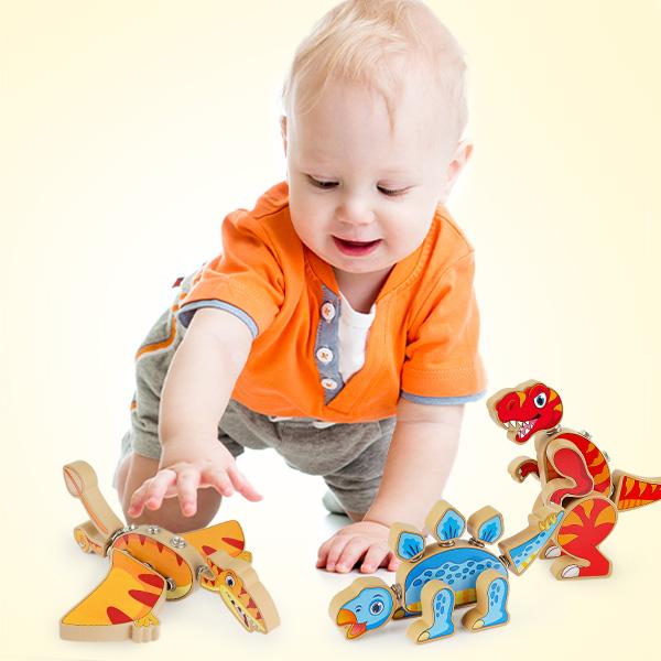 Wooden Snap-on Dinosaur Builders, Educational Dinosaur Building Block Set Toy Gift for Kids