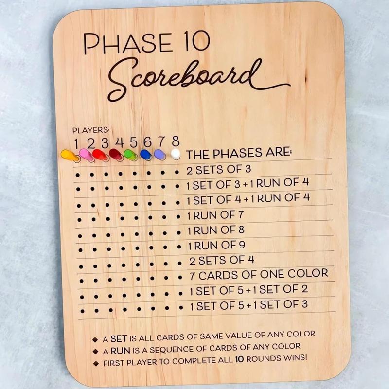 Wooden Phase 10 Score Board, 1 Count Wooden Phase Scoreboard with 8 Colored Pegs, Fun Table Board Card Game Accessories for Party Family Game Night