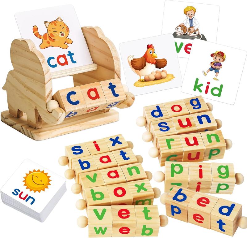 Christmas gift Montessori Learning Toys for Kids Ages 3-5: Wooden Reading Blocks and Rotating Flash Card Games Christmas gift