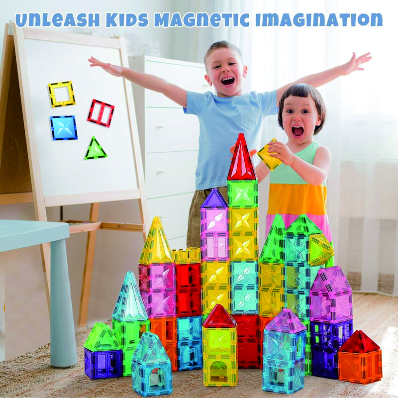 120Pcs Magnetic Tiles  Set - 118Pcs Magnetic Tiles with 2 Bonus cars Toy, Magnet Diamond Tiles 3D Building Blocks for Toddler 3 4 5 6 Years, STEM Preschool Kids Sensory Educational Toys for Boys Girls