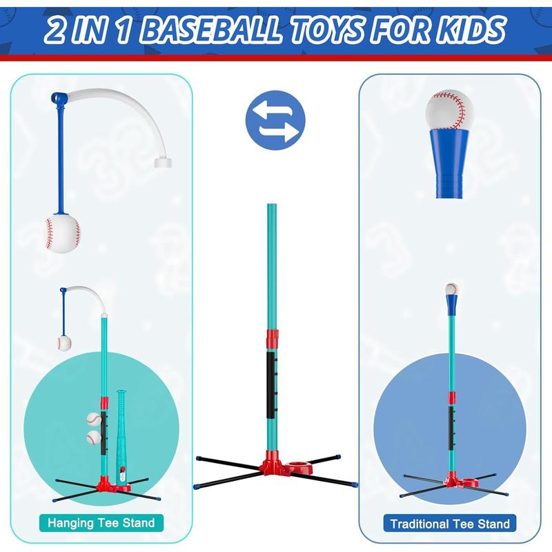 3-in-1 Baseball Set Kids Toy: Hanging Hitting Tee Ball Set for Toddlers + Youth with Auto Ball Launcher 6 balls 2 Bats Outdoor&Indoor Sports Toy Birthday Gifts for 3 4 5 6 7 8 8-12 years old Boys Girl