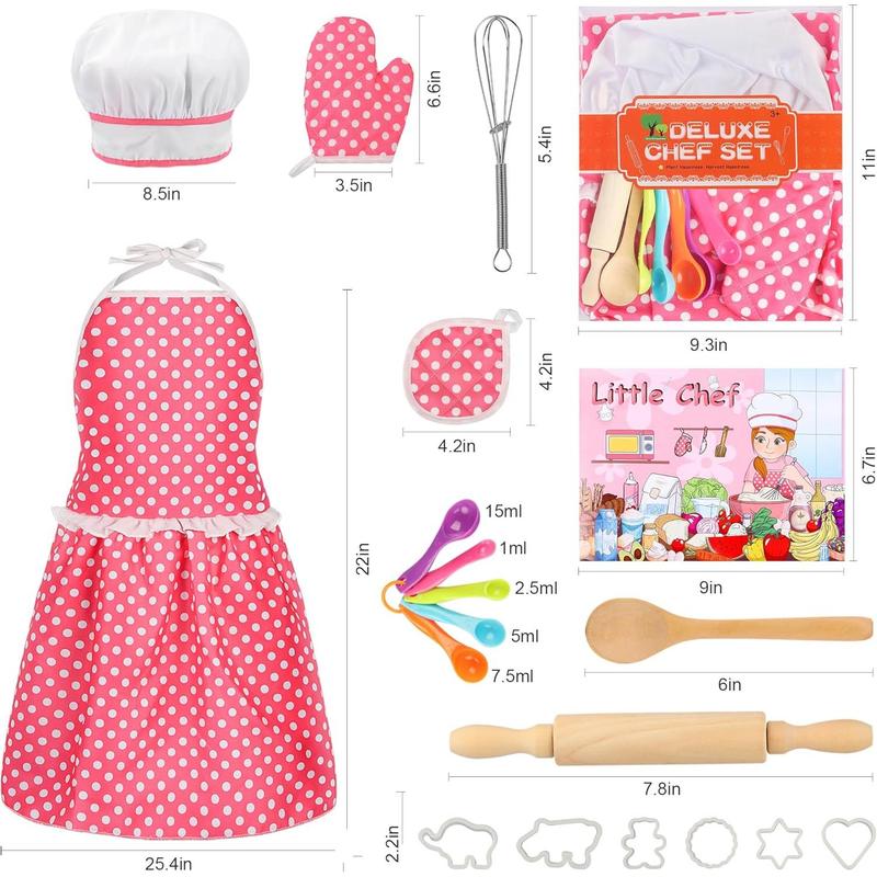 Kids Cooking Baking Set 19Pcs, Kids Chef Role Play Costume Set - Chef Hat and Matching Pink Apron Children Dress up Pretend Gift for 3 4 5 6 7 8 Year Old Girls Toys