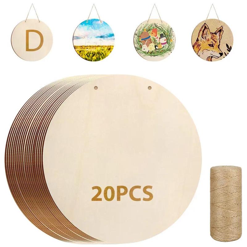 DIY Unfinished Wood Circle and Rope Set, 1 Set Unfinished Wood Circle, 10pcs 20pcs 40pcs Wood Circle for DIY Crafts, Door Hanger, Home Decorations, Cricut Project Supplies