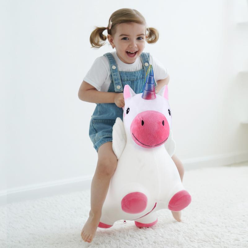 iPlay, iLearn Bouncy Pals Unicorn Horses, Toddler Girl Bouncing Animal Hopper, Inflatable Plush Hopping Toy, Outdoor Indoor Ride on Bouncer, Baby First Birthday Gift  3 - 12 Year Old Kid