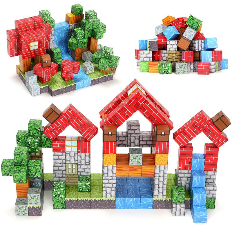 102-piece Magnetic Brick World Set for Kids - Pixel Magnet Building Block Toy for Kids 3+, Miner Forest Educational Sensory Game - Christmas Halloween Birthday Gift for Boys and Girls