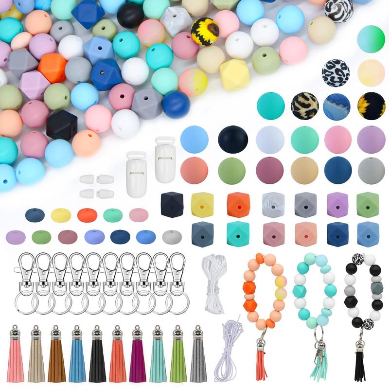 Silicone Bead Kit, 228pcs set Mixed Color Bead with DIY Accessories, Including Beaded Cord and Tassel, for DIY Bracelet Keychain Necklace, DIY Jewelry Making Supplies