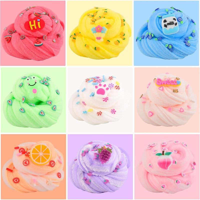 9-Pack Mini Cloud Slime Set with Cute Frog Charms, Scented DIY Slime Supplies for Boys and Girls, Educational Stress Relief Toys for Kids, Party Favors, Gifts and Birthdays, Candy Bag Packaging