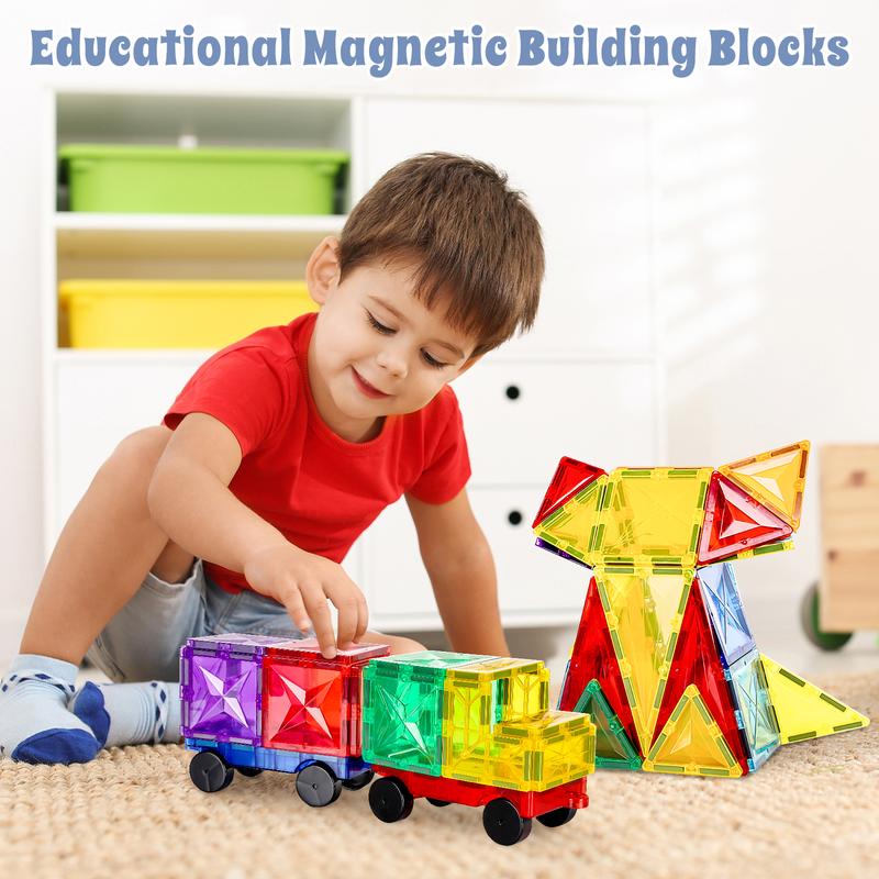 120Pcs Magnetic Tiles  Set - 118Pcs Magnetic Tiles with 2 Bonus cars Toy, Magnet Diamond Tiles 3D Building Blocks for Toddler 3 4 5 6 Years, STEM Preschool Kids Sensory Educational Toys for Boys Girls