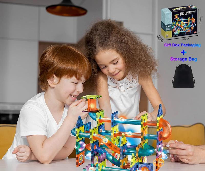 Building toys, glow-in-the-dark magnetic tiles marble run super set - 48-134 complete pieces STEM light-up magnetic blocks - 3-inch tiles are perfect for parent-child interaction building toy building set building brick magnet  blocks