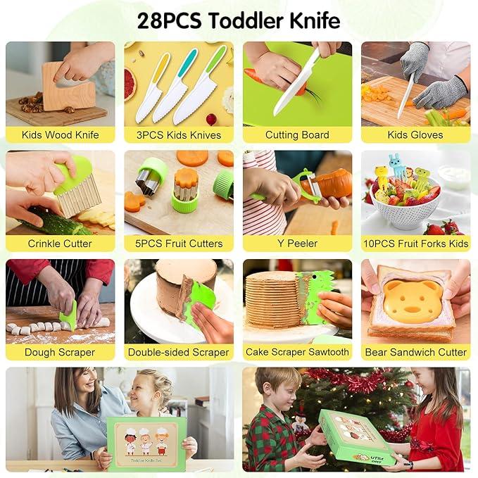 13 17 28 Counts Montessori Cooking Set:Safe Culinary Tools For Kids,Foster Skills And Fun,Baking Toy Toddlers Wooden Knives With Cutting Board Fruit Vegetable Crinkle Cutter y Peeler Sandwich Cutters,Realistic Play Food Set,Pretend Play Sets for Girls