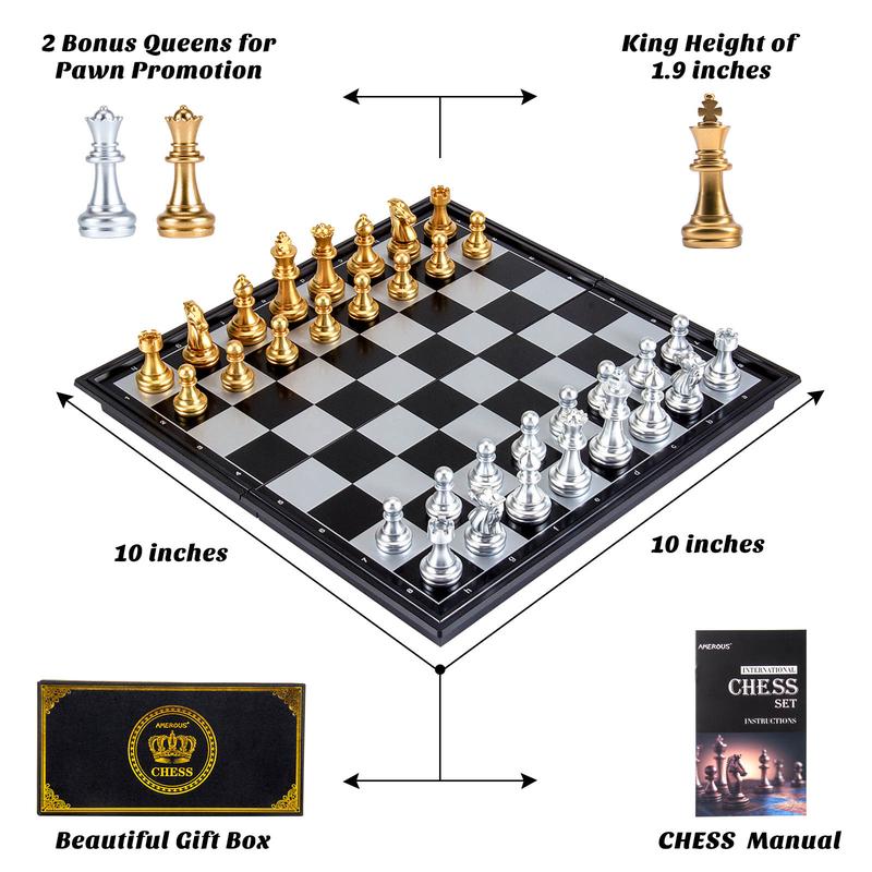 10'' Magetic Travel Chess Set, Plastic Portable Folding Chess Board Game with Gold and Silver Chess Pieces - 2 Extra Queens - Chess for Beginner, Kids, Adults