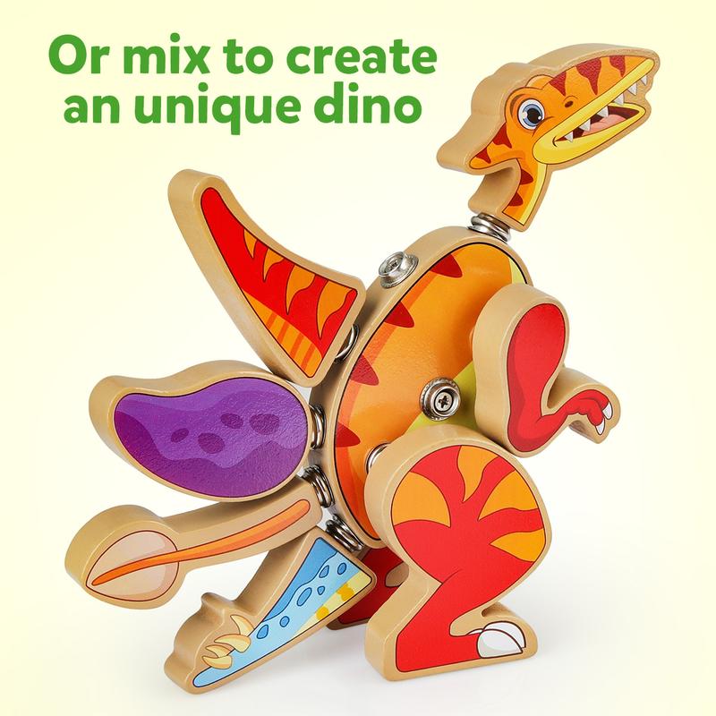 Wooden Snap-on Dinosaur Builders, Educational Dinosaur Building Block Set Toy Gift for Kids