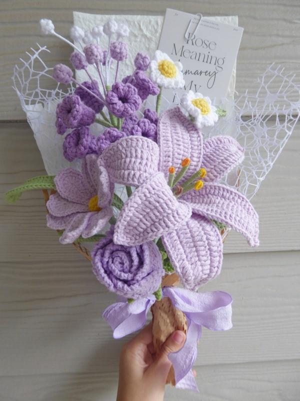 Crochet Flowers Bouquet Handmade, Finished Product, Lily, Rose, Hyacinth for Anniversary, Birthday, Girlfriend, Mother day mom forever gift