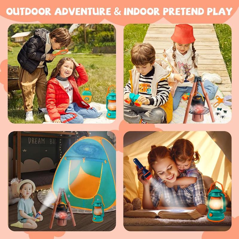 Christmas gift 50pcs Kids Camping Set with Tent & Space Projector Flashlight – Outdoor Campfire Toy Set for Toddlers – Pretend Play Camp Gear