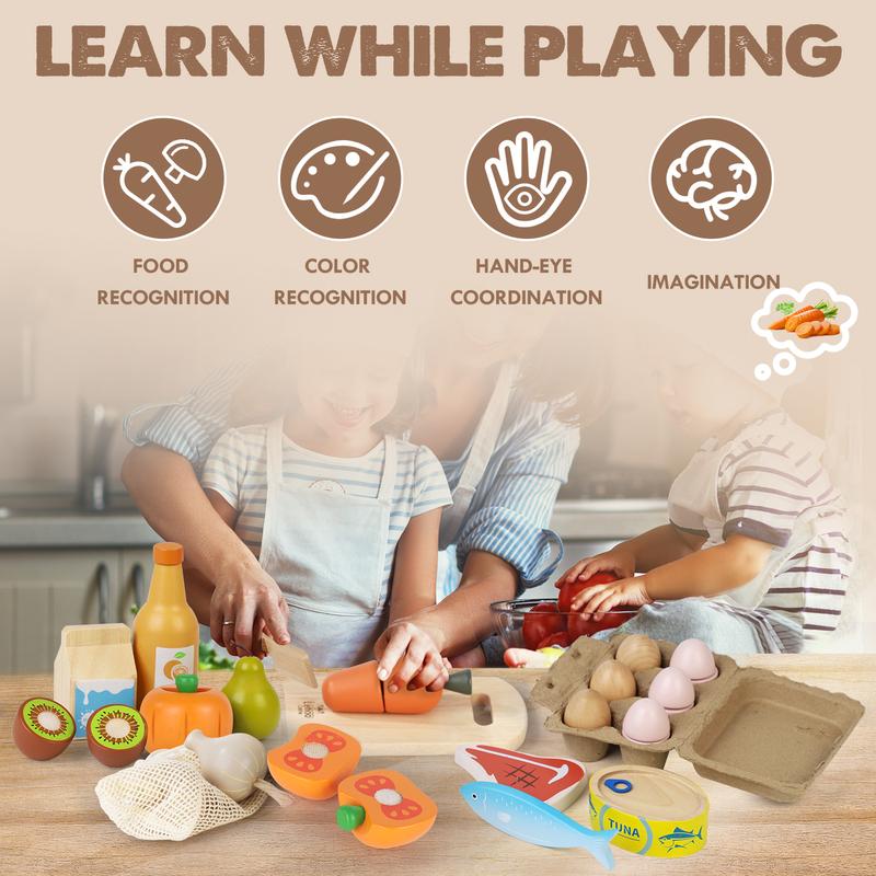 Food Pretend Play Set, Wooden Pretend Play Food Sets for Kids Kitchen, Food Toys for Kids, w  Shopping Bag, Pretend Food Play Kitchen Cutting Fruits Vegetables Toys, Boys Girls Educational Toys, Multicoloured Learning city simulation playset kitchentoys