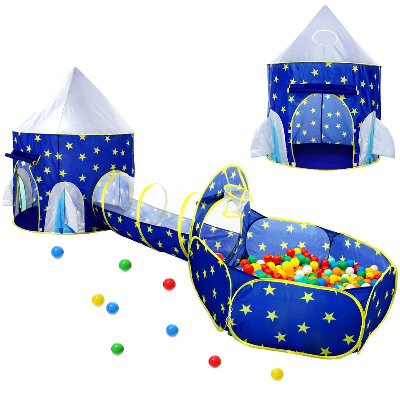 3pc Space-Themed Kids Play Tent Set with Ball Pit & Crawl Tunnel – Perfect Indoor & Outdoor Playhouse for Boys and Girls (Balls Not Included)