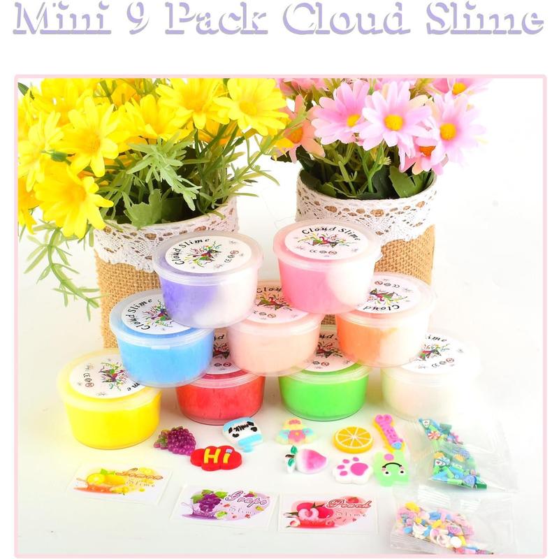 9-Pack Mini Cloud Slime Set with Cute Frog Charms, Scented DIY Slime Supplies for Boys and Girls, Educational Stress Relief Toys for Kids, Party Favors, Gifts and Birthdays, Candy Bag Packaging