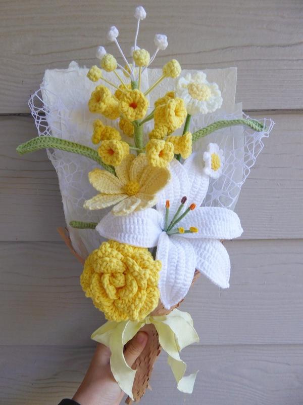 Crochet Flowers Bouquet Handmade, Finished Product, Lily, Rose, Hyacinth for Anniversary, Birthday, Girlfriend, Mother day mom forever gift