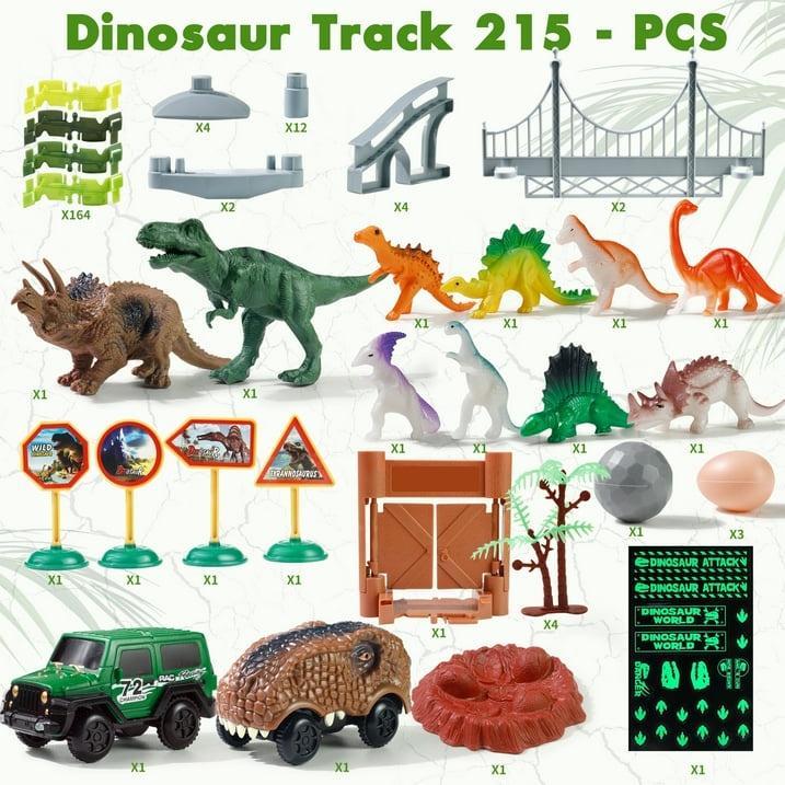 215 Pcs Glow-In-The-Dark Dinosaur Toy Race Car Track with Stickers STEM Vehicle Playsets Dinosaur World Road Toys for boys 3-6 Years Best Gift boys,Girls,Best Toys