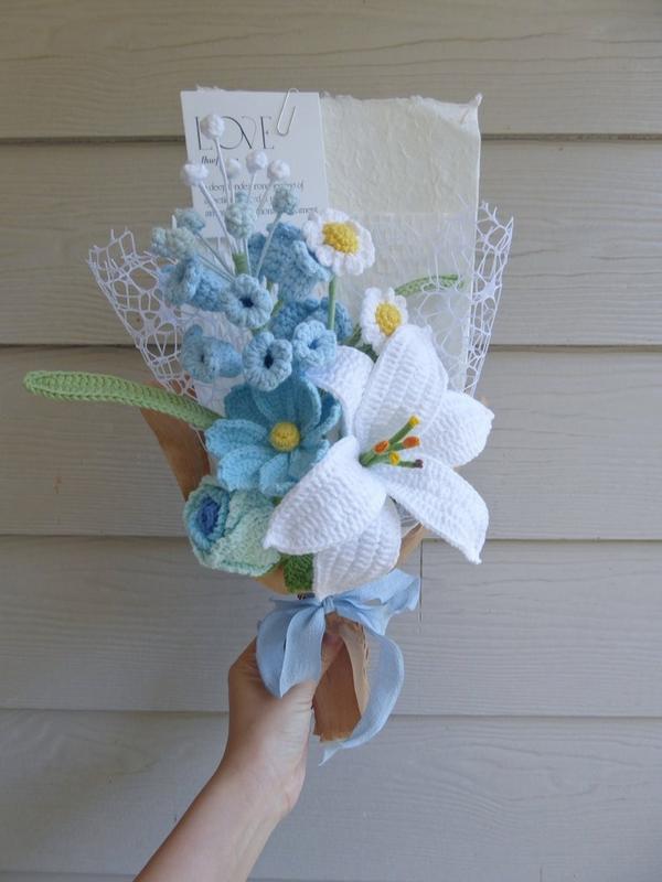 Crochet Flowers Bouquet Handmade, Finished Product, Lily, Rose, Hyacinth for Anniversary, Birthday, Girlfriend, Mother day mom forever gift