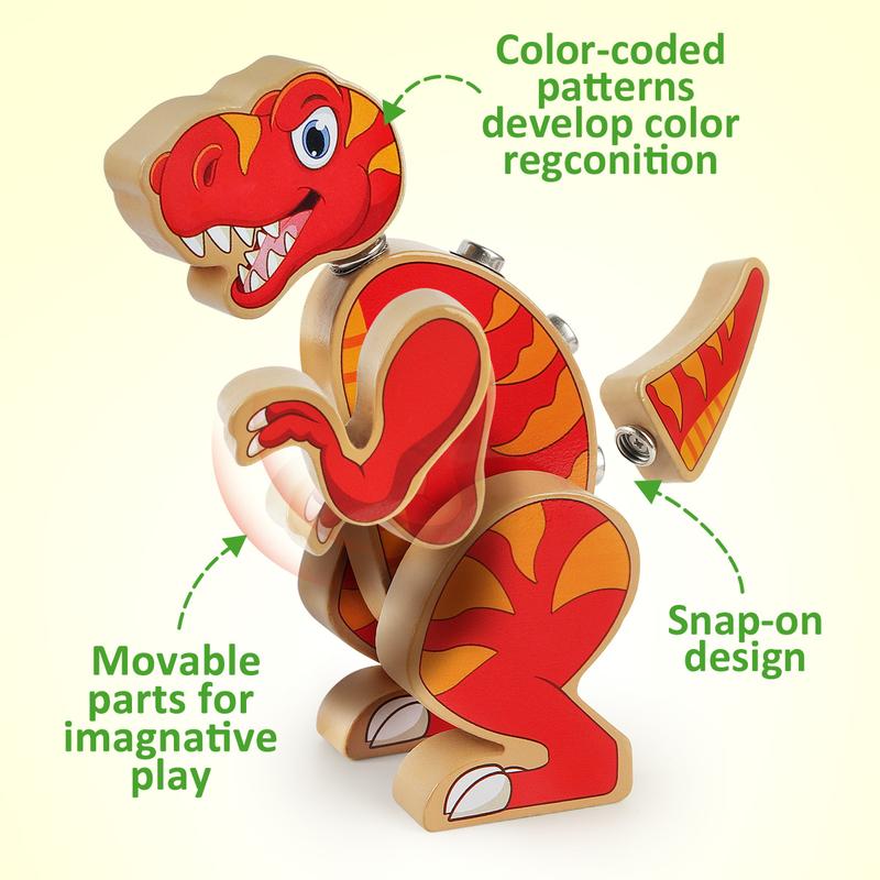 Wooden Snap-on Dinosaur Builders, Educational Dinosaur Building Block Set Toy Gift for Kids