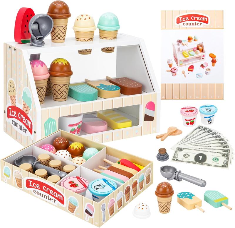 Christmas Wooden Ice Cream Toys for Kids Ice Cream Counter Shop for Toddlers Pretend Play Food Scoop and Serve with Scoop & Menu & Fake Money for Boys and Girls