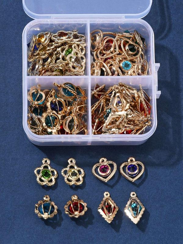 80pcs set Mixed Color  Flower & Heart & Round & Rhombus Charms, Rhinestone Decor Iron Pendant, Diy Jewelry Accessories for Bracelet Necklace