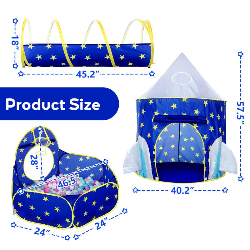 3pc Space-Themed Kids Play Tent Set with Ball Pit & Crawl Tunnel – Perfect Indoor & Outdoor Playhouse for Boys and Girls (Balls Not Included)