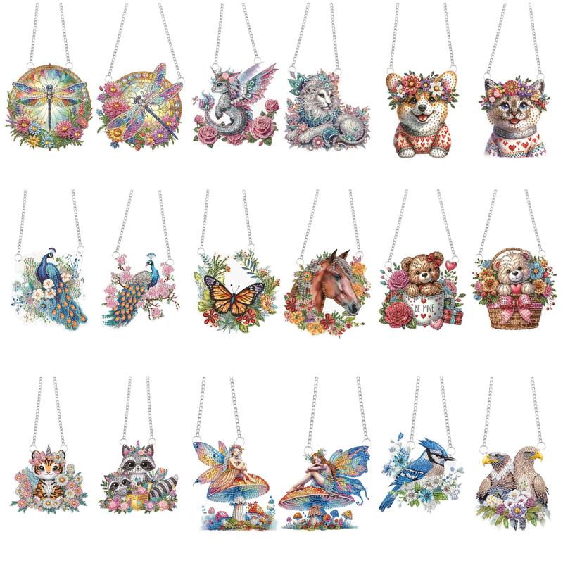 2pc DIY Cartoon Animals Flowers Special Shape Diamond Painting Hanging Pendants for Wall Window