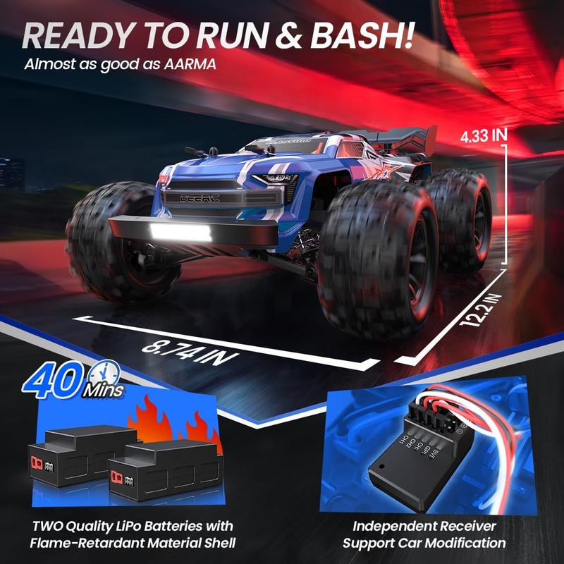 DEERC H16E Brushless Extreme High Speed RC Truck, Max 70kph, 1:16 4X4 RTR Fast RC Cars for Adults, All Terrains RC Monster Truck, Off Road Hobby Electric Vehicle Gift for your friends, 2 Li-po Batteries