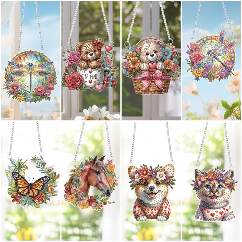 2pc DIY Cartoon Animals Flowers Special Shape Diamond Painting Hanging Pendants for Wall Window