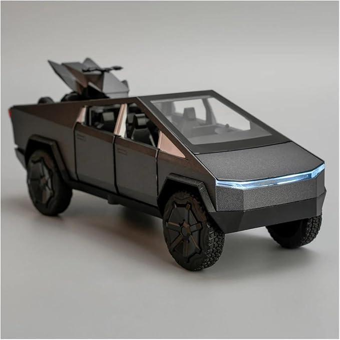 Realistic alloy Tesla Cybertruck 1:32 scale pickup model toy, pull back car with music and lights, complete with a small tesla motocross Cyberquad